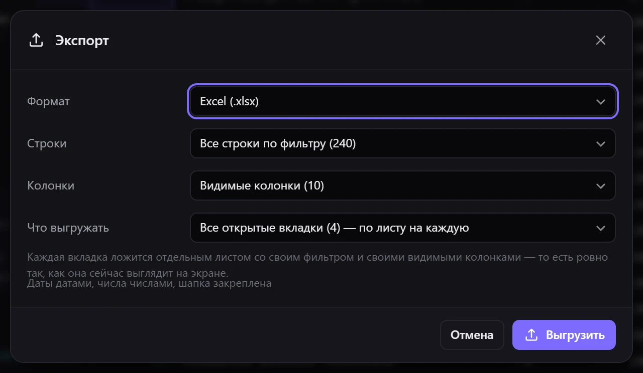 «Все открытые вкладки» — одна книга Excel, по листу на каждую таблицу базы