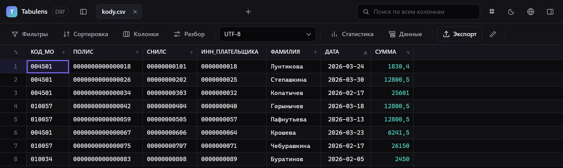 Код МО с ведущим нулём, 16-значный полис, СНИЛС и ИНН остались текстом (значок «т»), сумма — числом, дата — датой