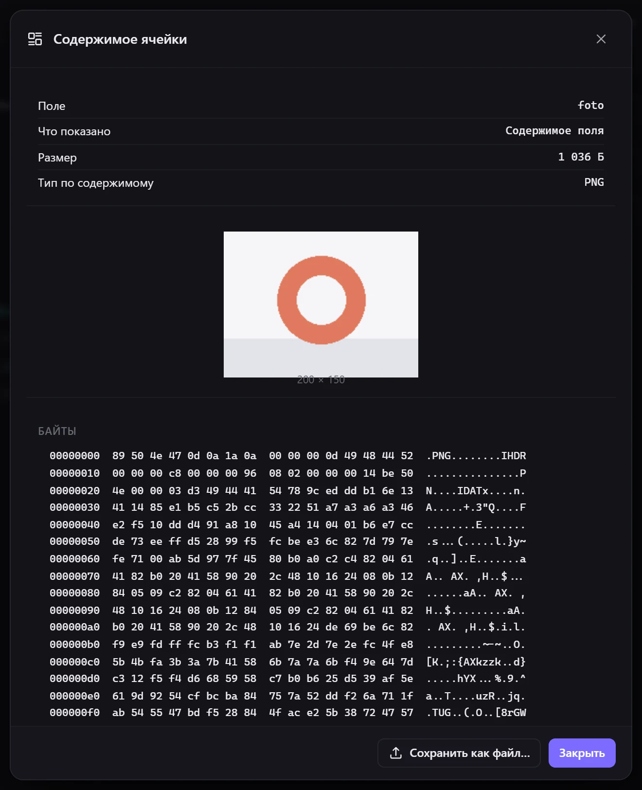 Фото из BLOB-поля SQLite: тип определён по содержимому, ниже — байты